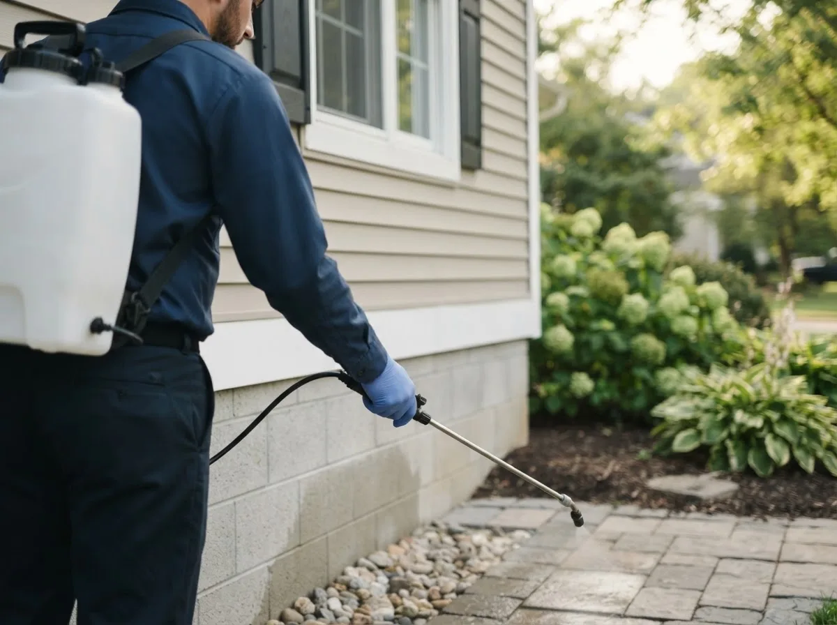 Pest control technician inspecting a home in Rainsville, NM